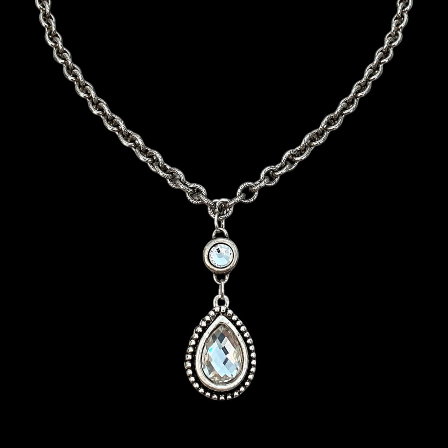 Vintage Reproduction sterling plated chain and bezel-set crystal and faceted teardrop crystal pendant