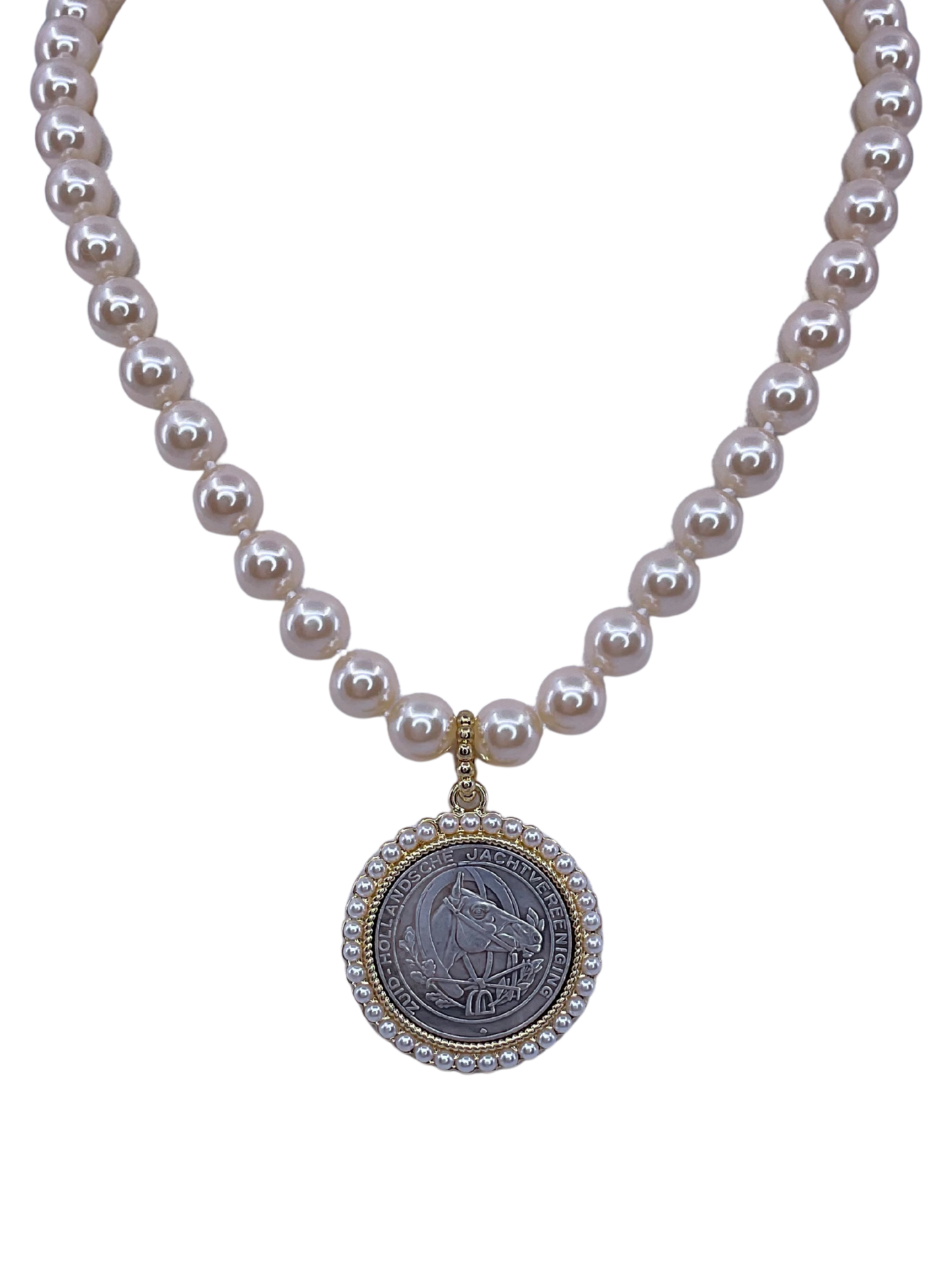 Vintage Hand Knot Pearl With Mixed Metal Repurposed Horse Hunting Coin