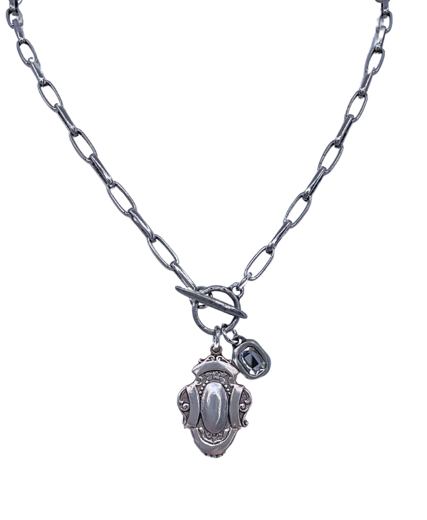 Sterling Plated 18" Chain with Reproduction Watch Fob Pendant and Swarovski Crystal