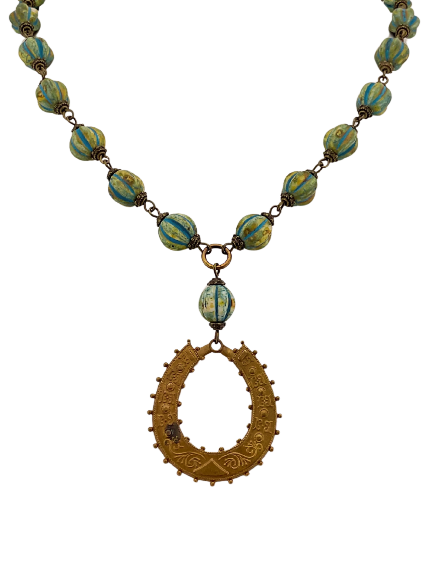 Vintage African Turquoise Melon Beads with Vintage Brass Horse shoe Pendant