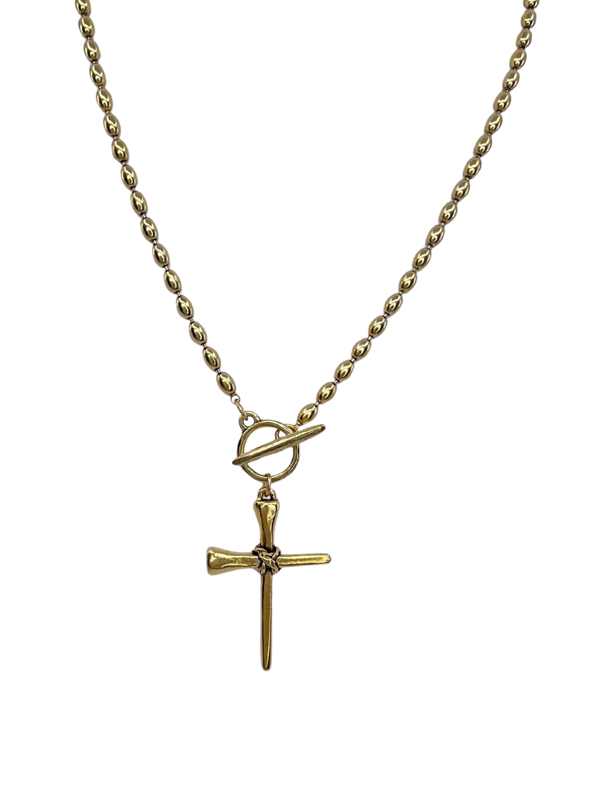 Gold Plated oval bead Chain With horseshoe nail Cross Pendant
