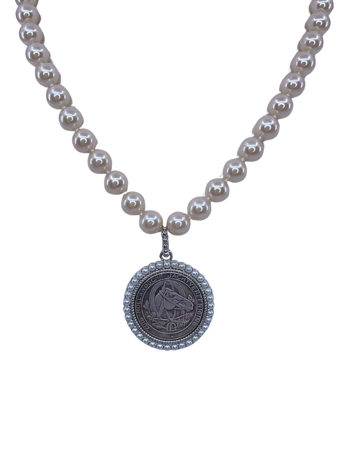 Vintage Hand Knot Pearl With Vintage Repurposed Horse Hunting Coin