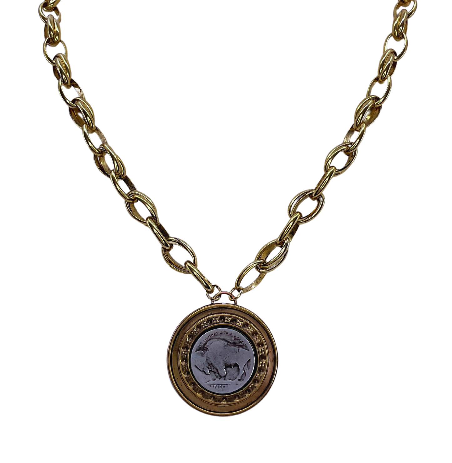 Buffalo Nickel on Vintage Brass Stamping