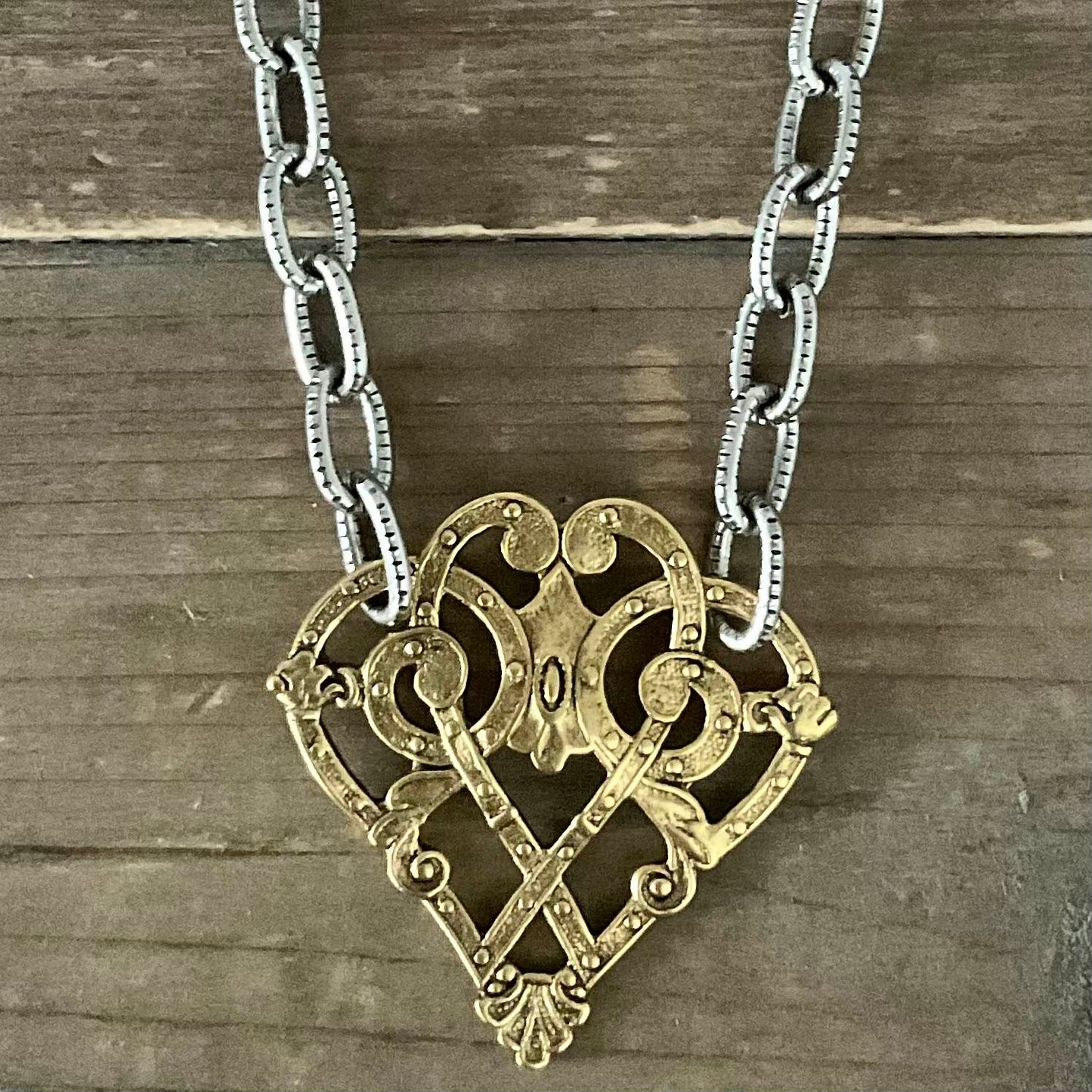 Mixed Metal Sterling and Gold Plated 18" Chain with Vintage Reproduction Scroll Heart