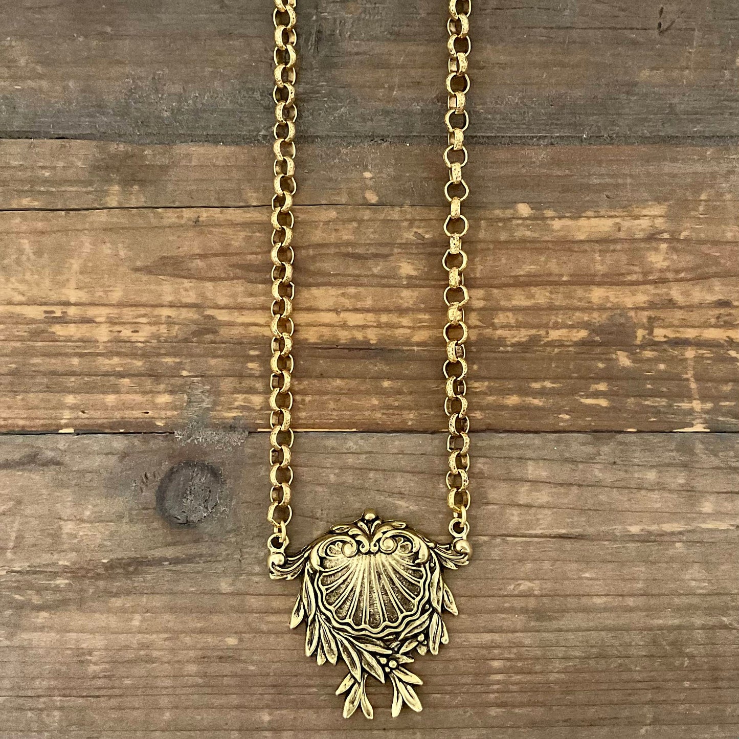 Gold Plated 18" Chain with Vintage Victorian Shell Brooch