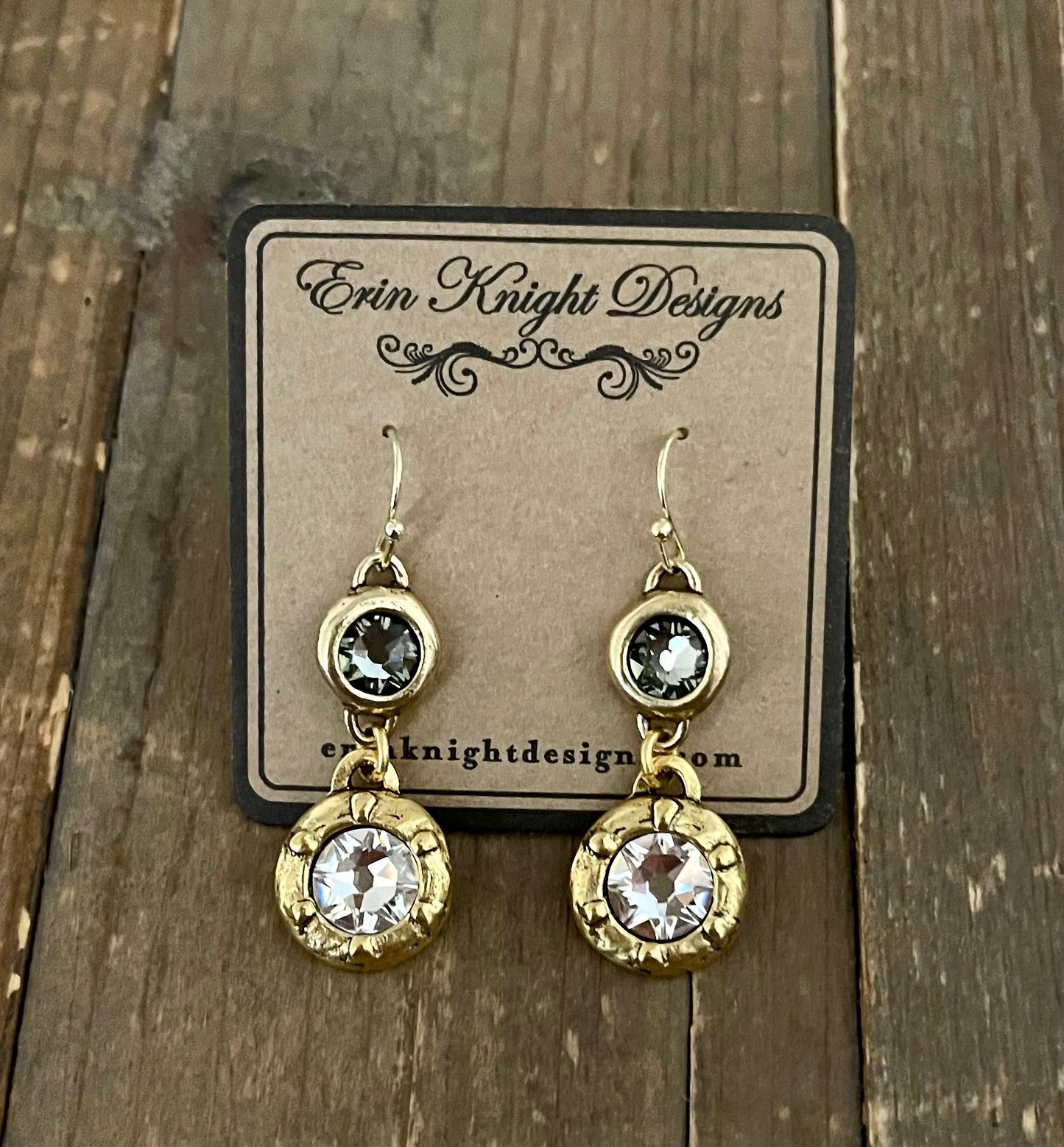 Gold Plated Double Swarovski Black Diamond and Clear Crystal Earrings