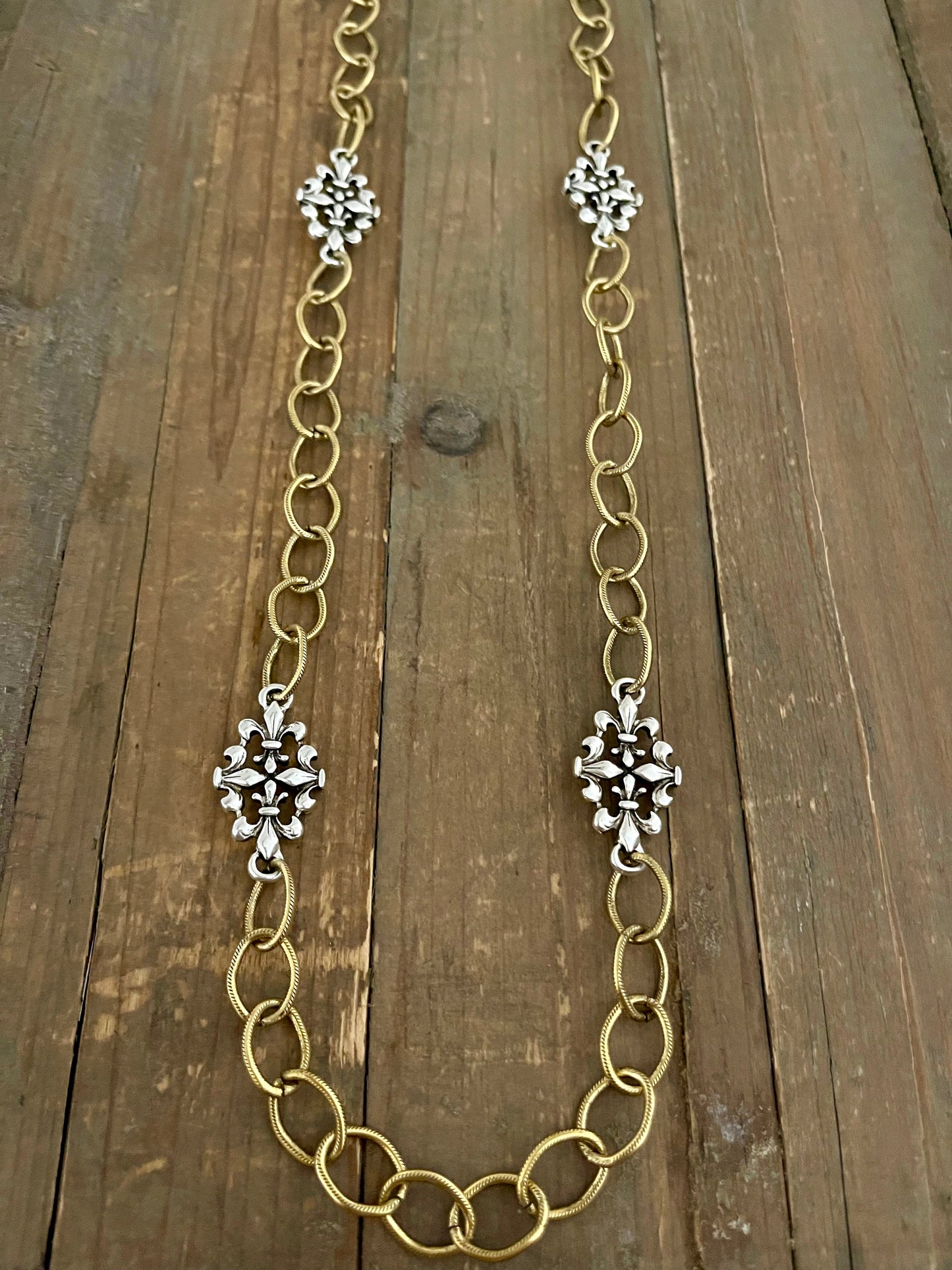 Mixed Metal Sterling & Gold Plated 36" Chain with Vintage Reproduction Fleur De Lis Accents