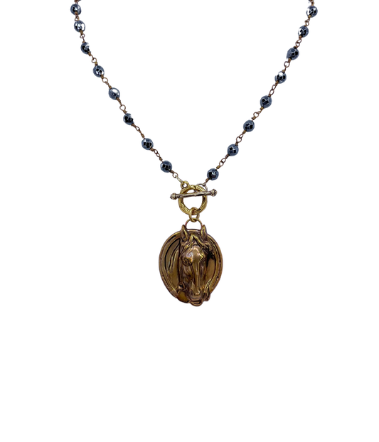 Vintage Hematite Chain with Vintage Horse Face and Horse-shoe pendant
