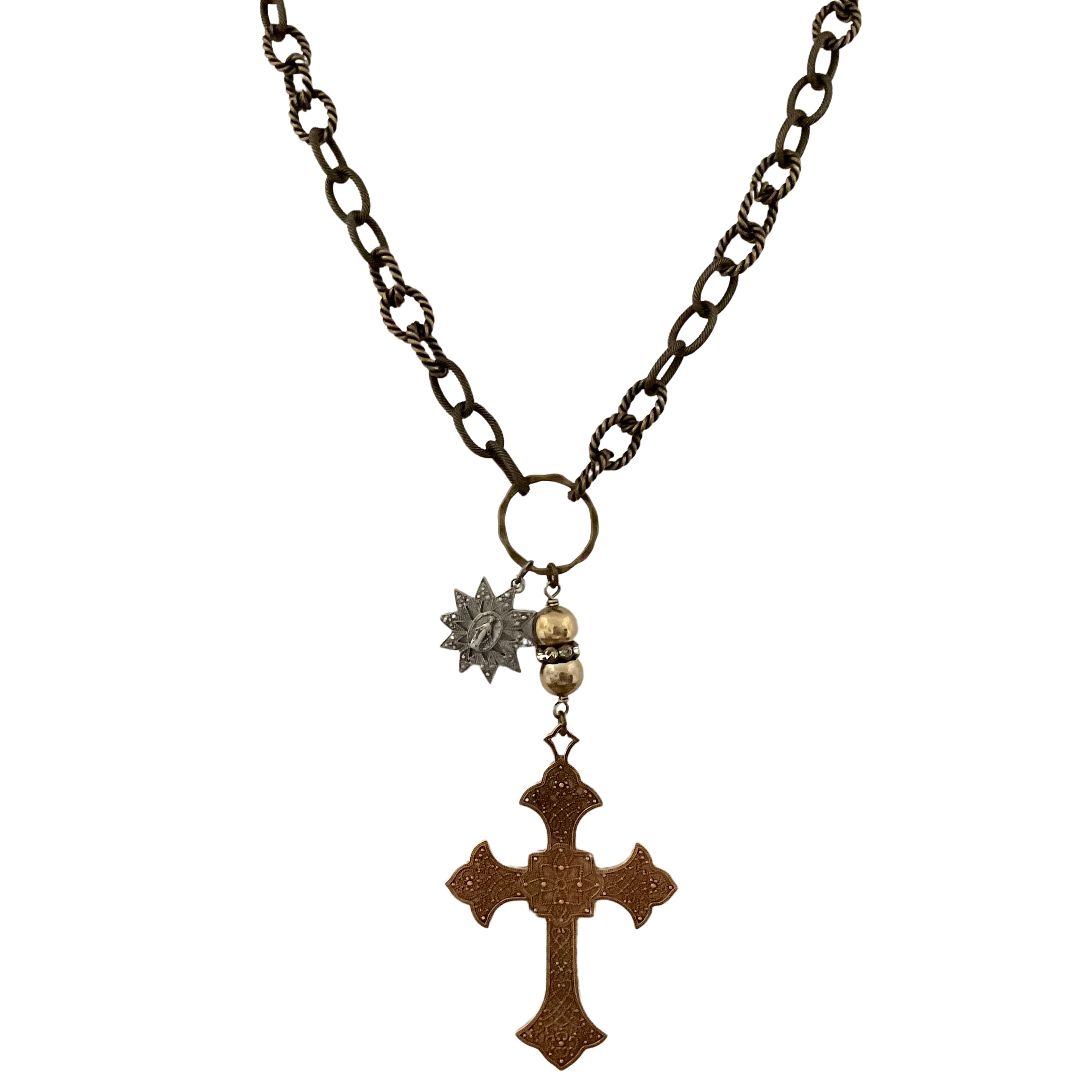 Antique Brass Chain with Religious Medallion & Reproduction Cross 34