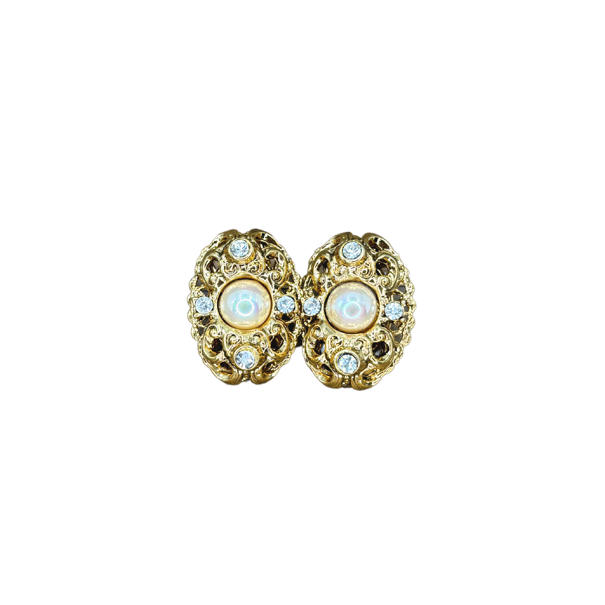 Gold-Plated Large Pearl & Rhinestone Earrings