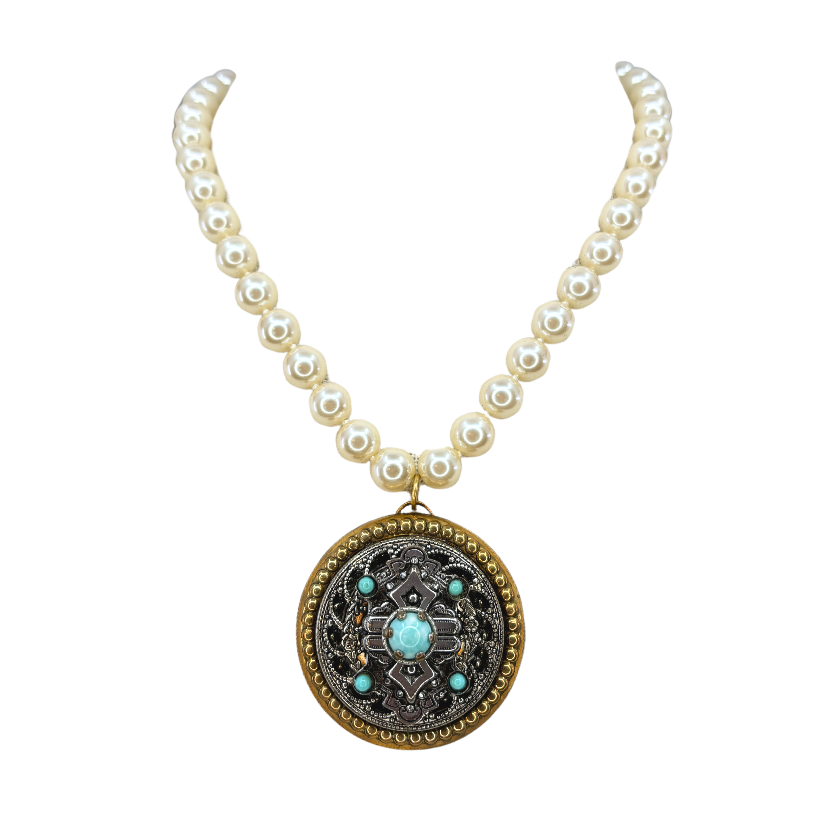 Vintage Circle Turquoise Pendant Pearl Necklace