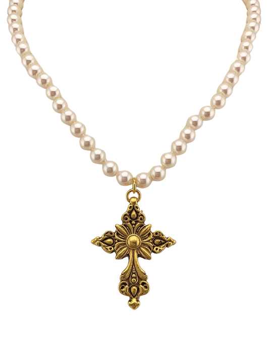 Vintage Faux Pearl Necklace with Vintage Gold Plated Cross Pendant