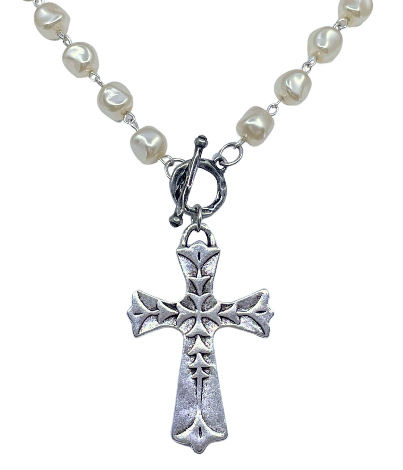 Vintage Pearl Silver Chain and Toggle with Vintage Silver Cross Pendant