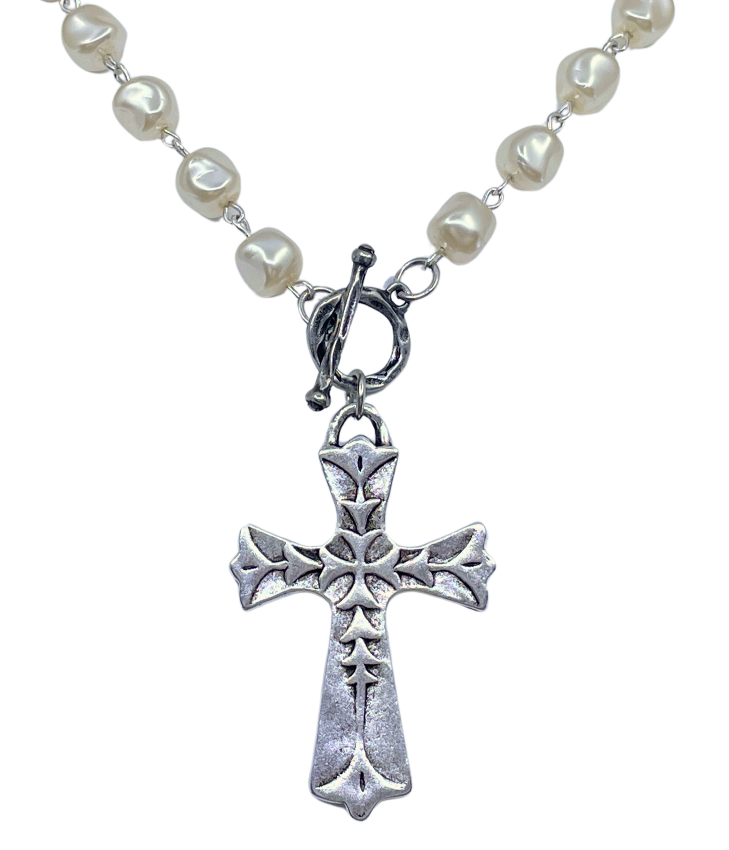 Vintage Pearl Silver Chain and Toggle with Vintage Silver Cross Pendant