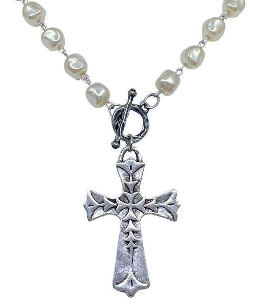 Vintage Pearl Silver Chain and Toggle with Vintage Silver Cross Pendant