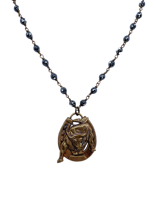 Vintage Hematite Chain with Vintage Bull and Horse-shoe Pendant