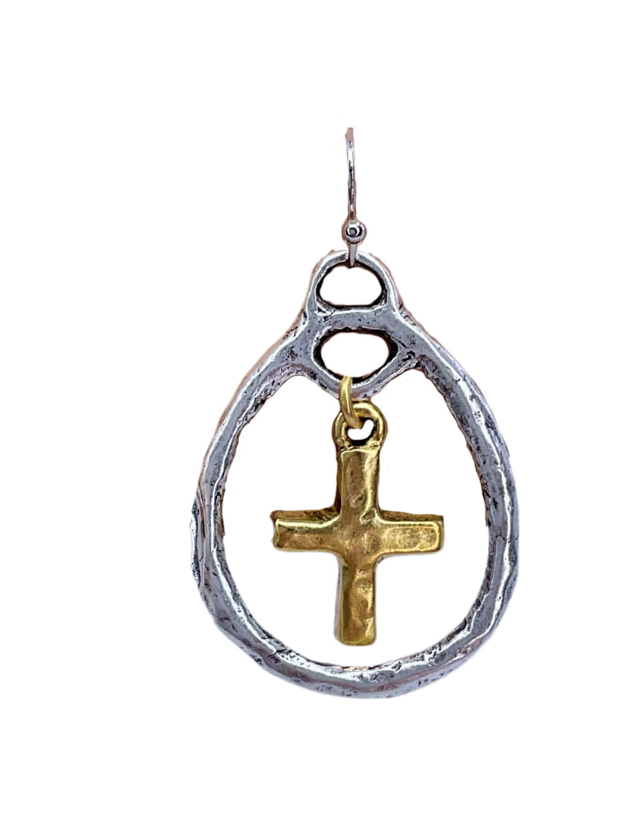 Mixed Metal Cross Teardop Earrings