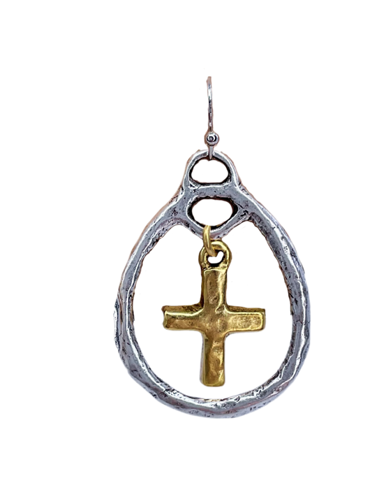 Mixed Metal Cross Teardop Earrings