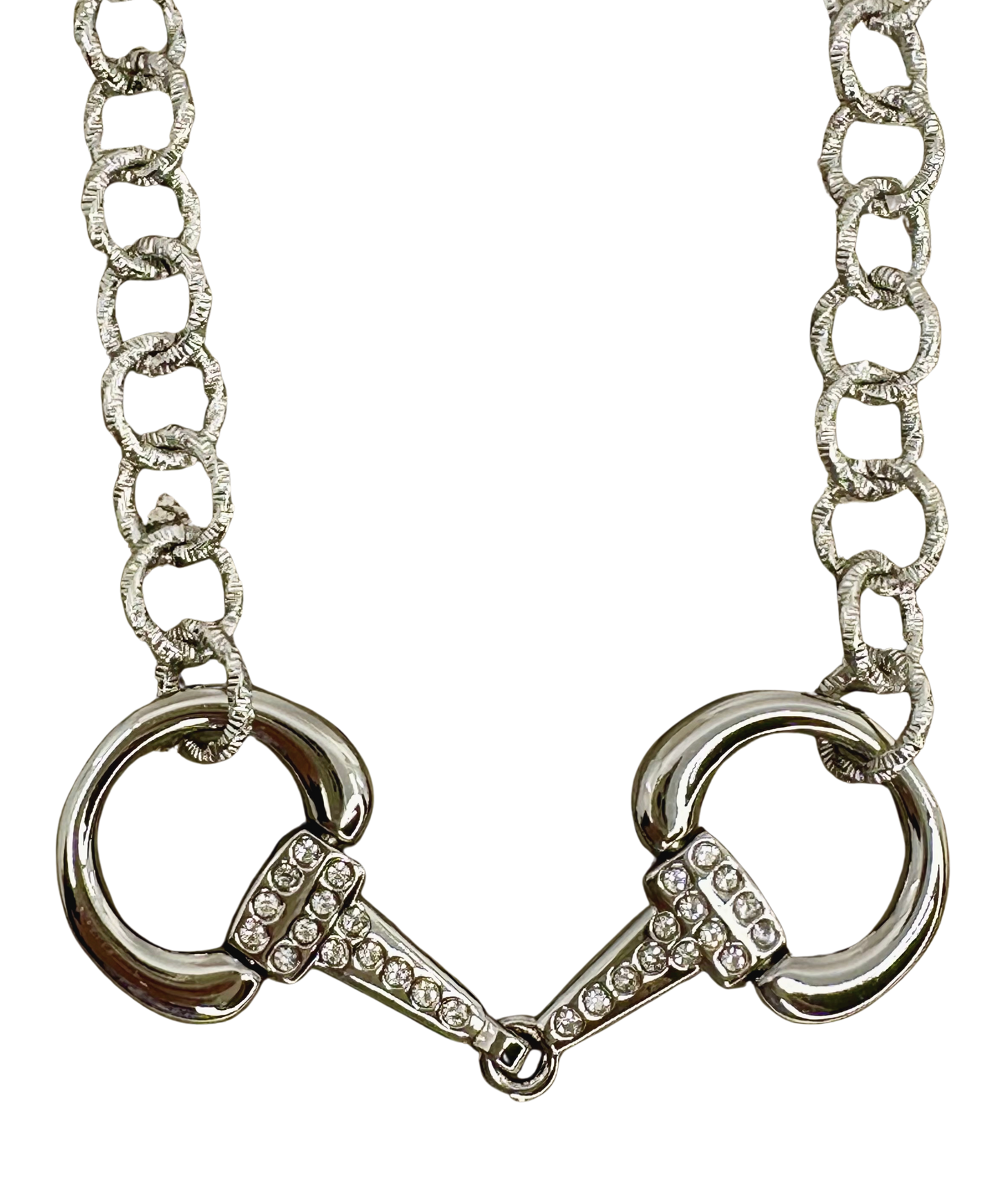 Sterling Plated Vintage Chain and Horse-bit Necklace with Rhinestones