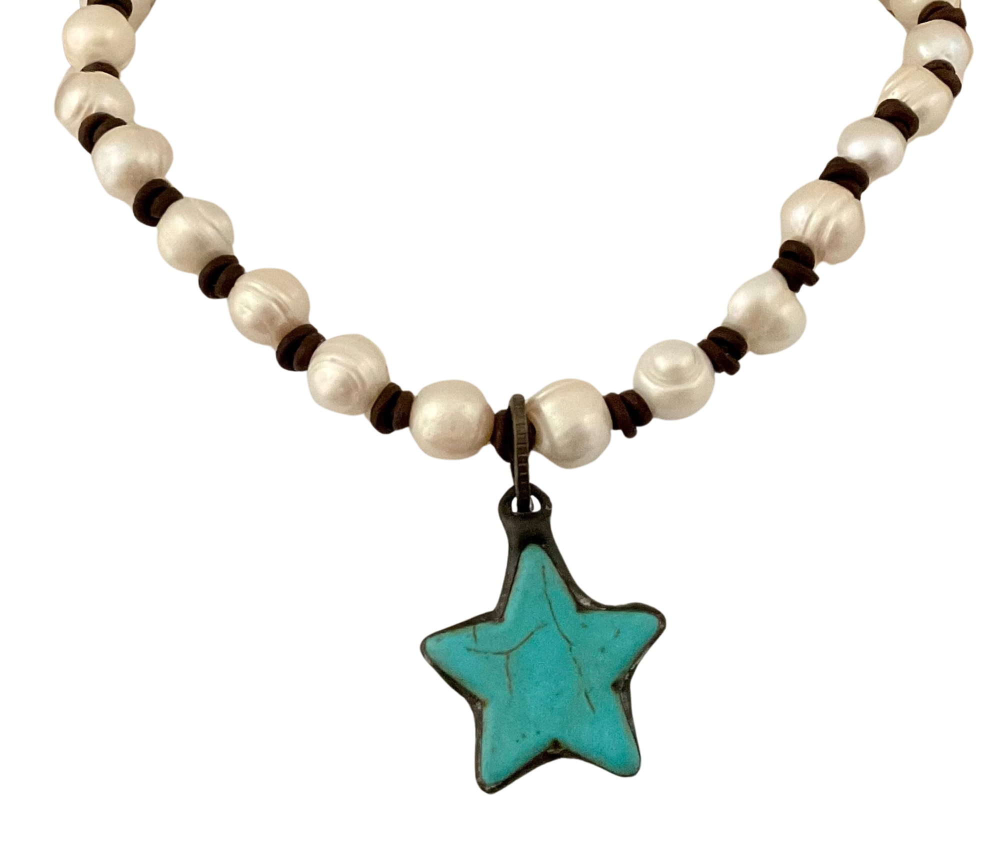 White Freshwater Pearl & Leather Necklace with Turquoise Star Pendant