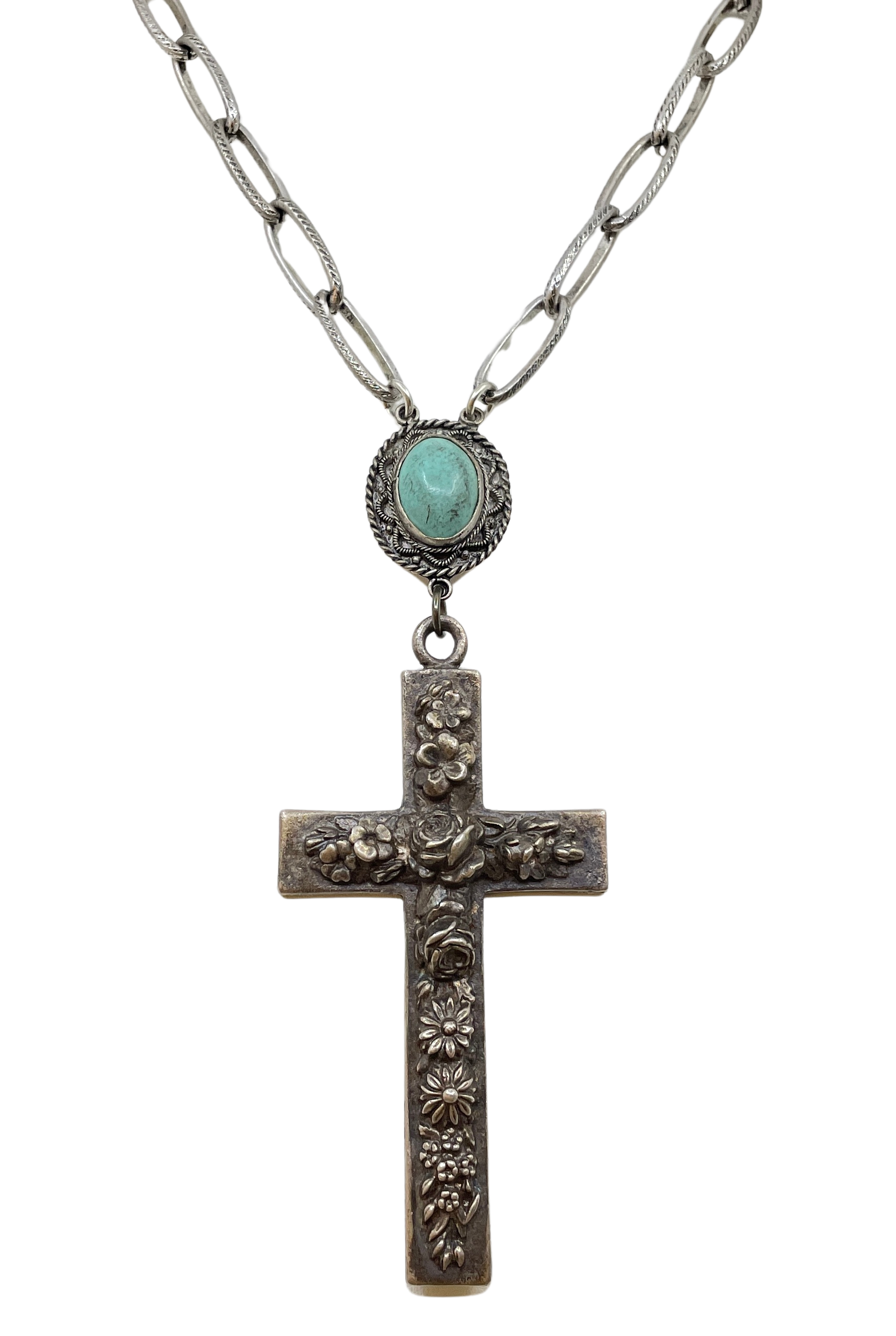Vintage Turquoise Connector & Ornate Cross Necklace