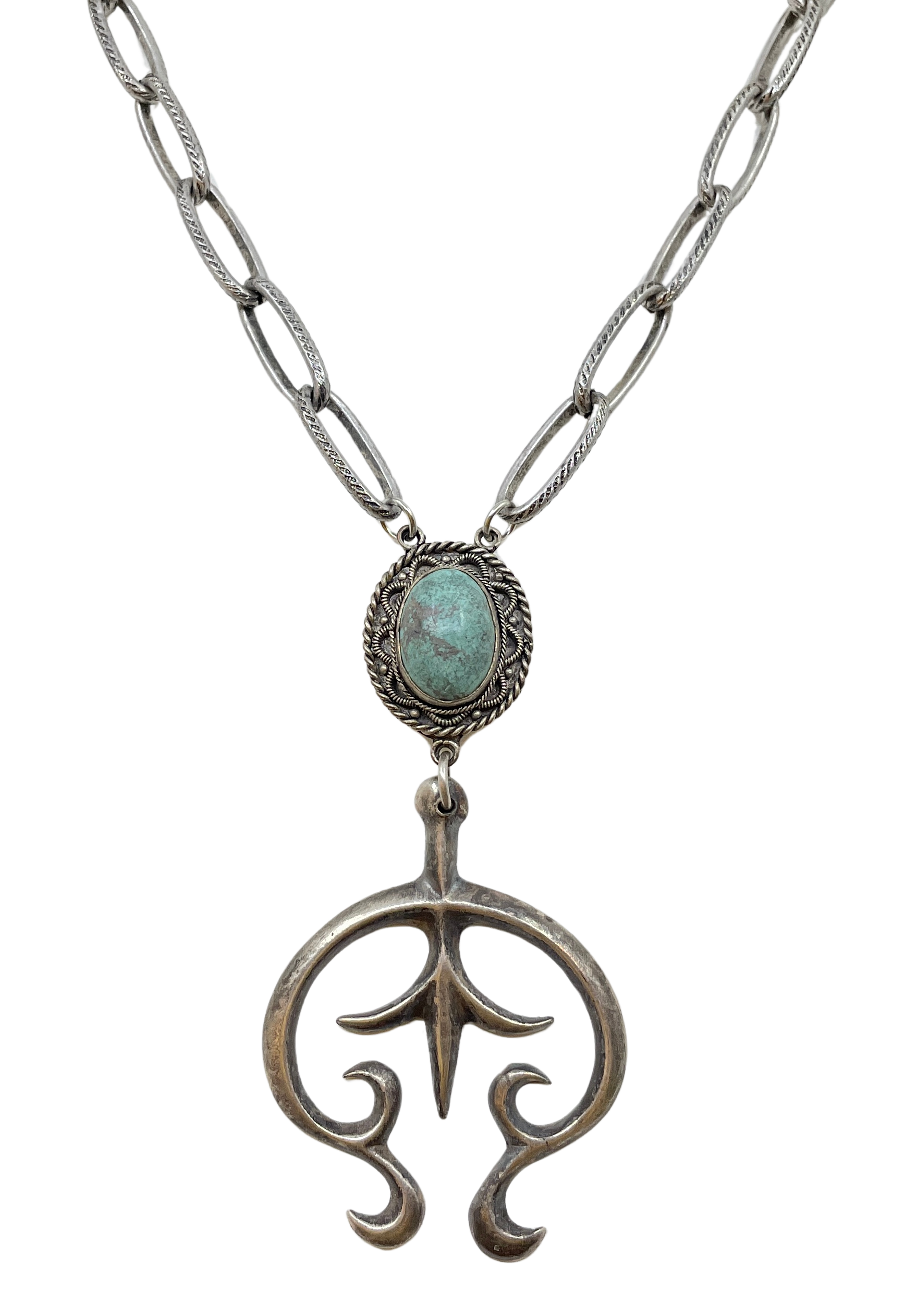 Vintage Turquoise & Sterling Naja Pendant Necklace