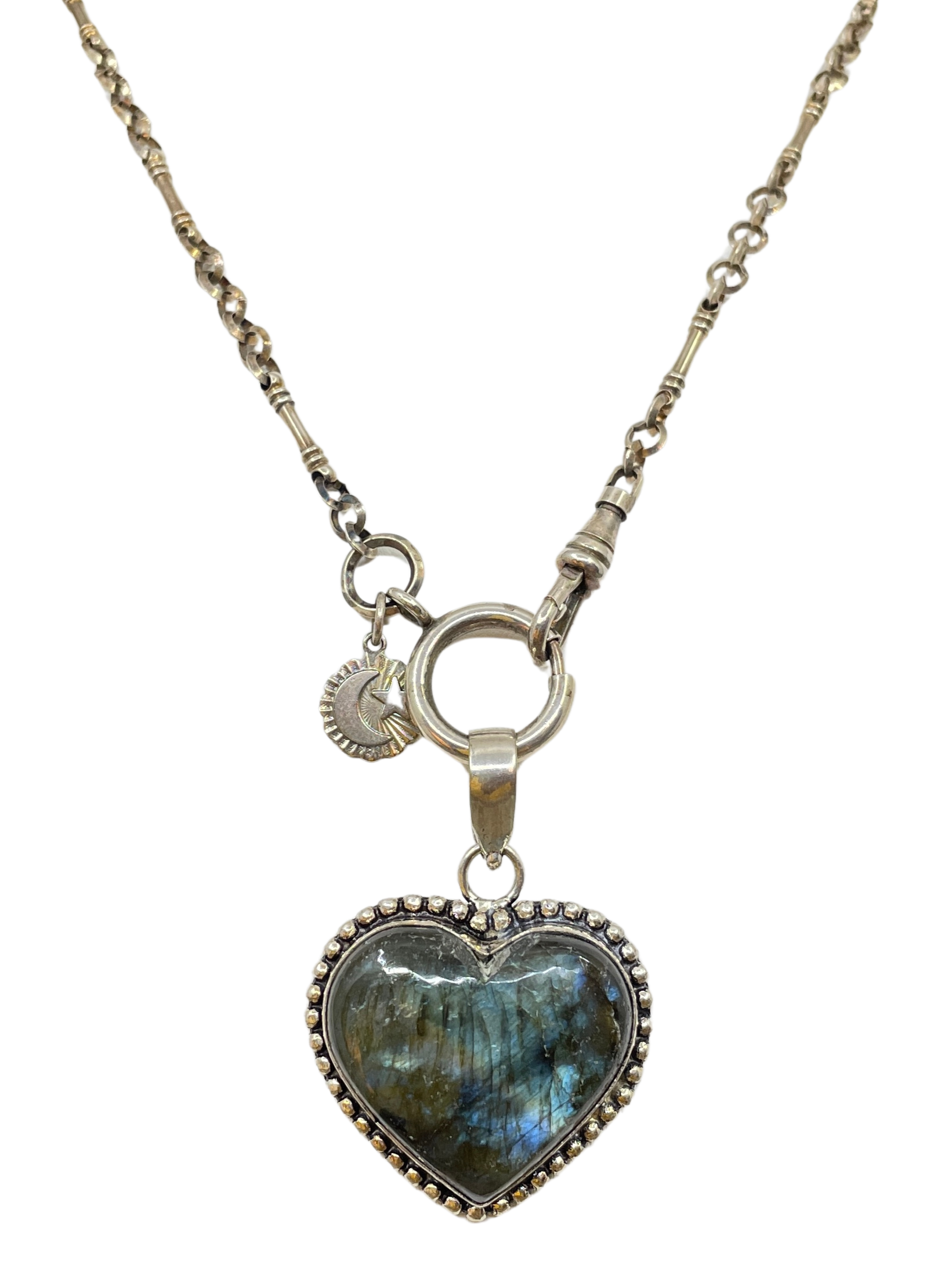 Vintage Sterling Plated Watch Chain with Sterling and Labradorite Heart Pendant