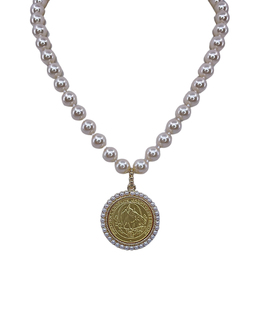 Vintage Hand Knot Pearl With Repurposed Horse Hunting Coin