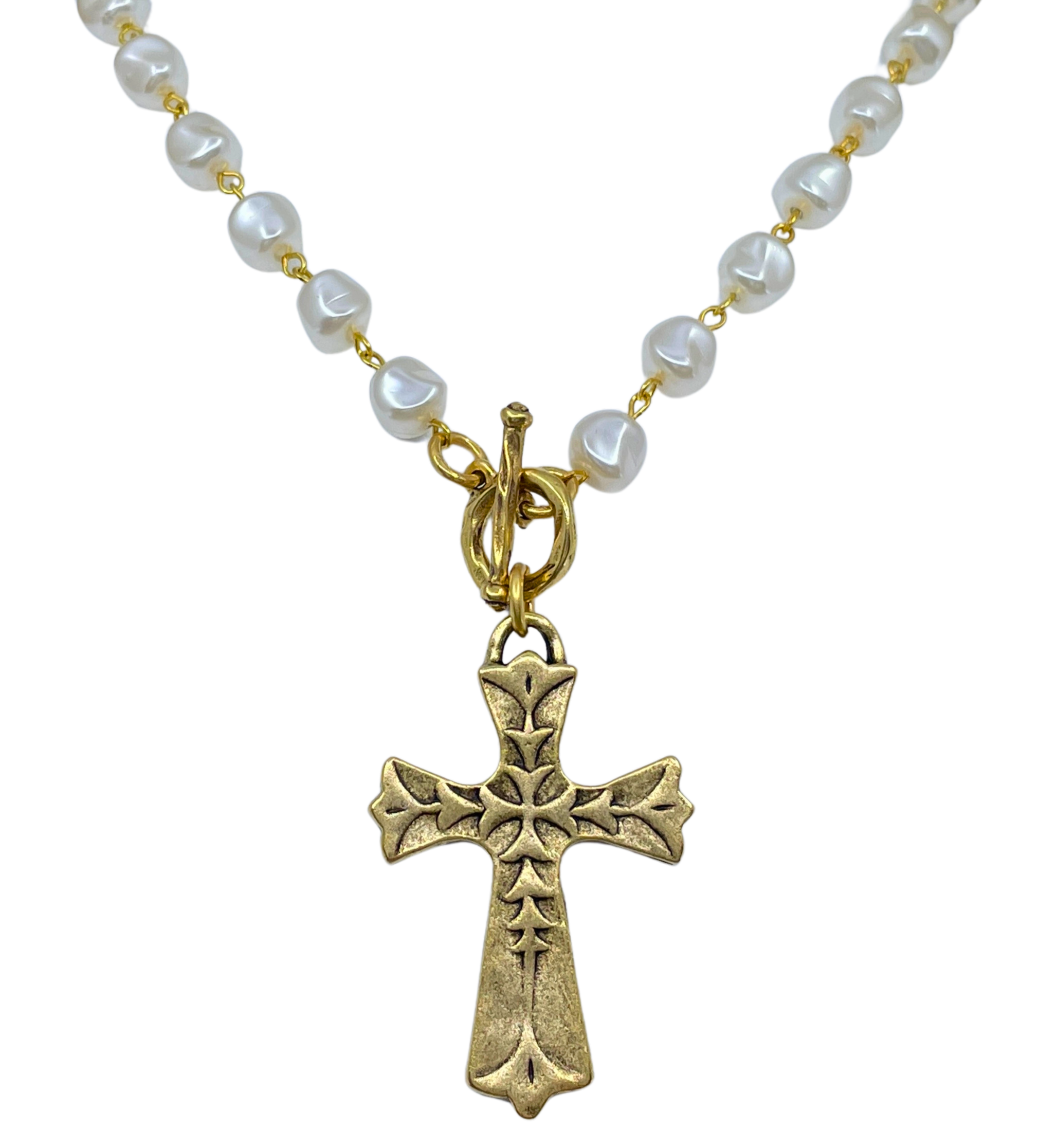 Vintage Pearl Gold Chain and Toggle with Vintage Gold Cross Pendant