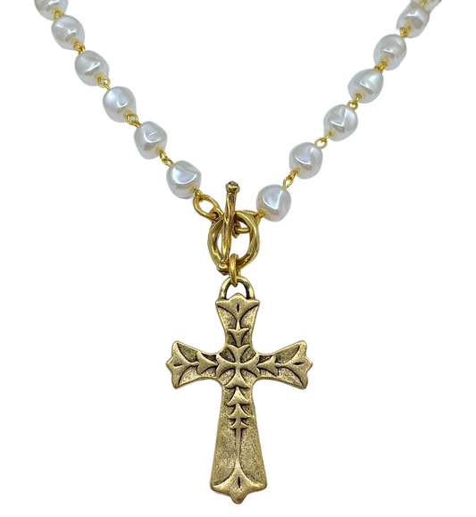 Vintage Pearl Gold Chain and Toggle with Vintage Gold Cross Pendant