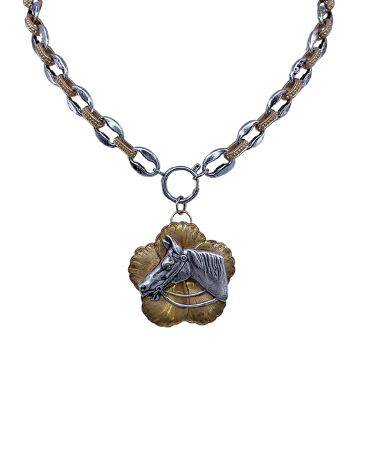 Mixed Metal Chain with Vintage Magnolia Horse Pendant