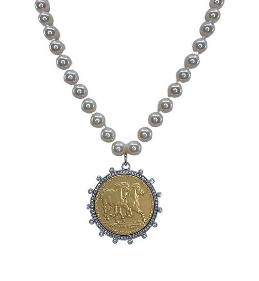 Vintage Pearls with Sterling Plated Gold Horse Coin