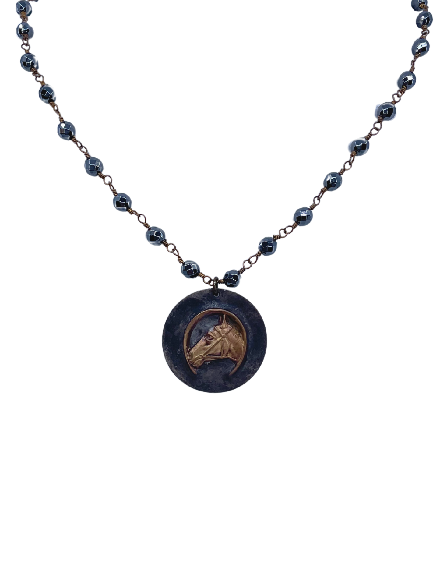 Vintage Hematite chain with Vintage Horse Face Pendant