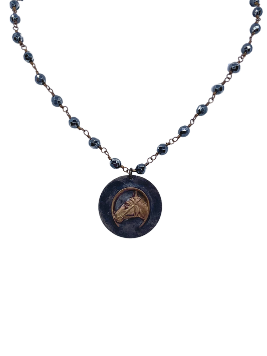 Vintage Hematite chain with Vintage Horse Face Pendant