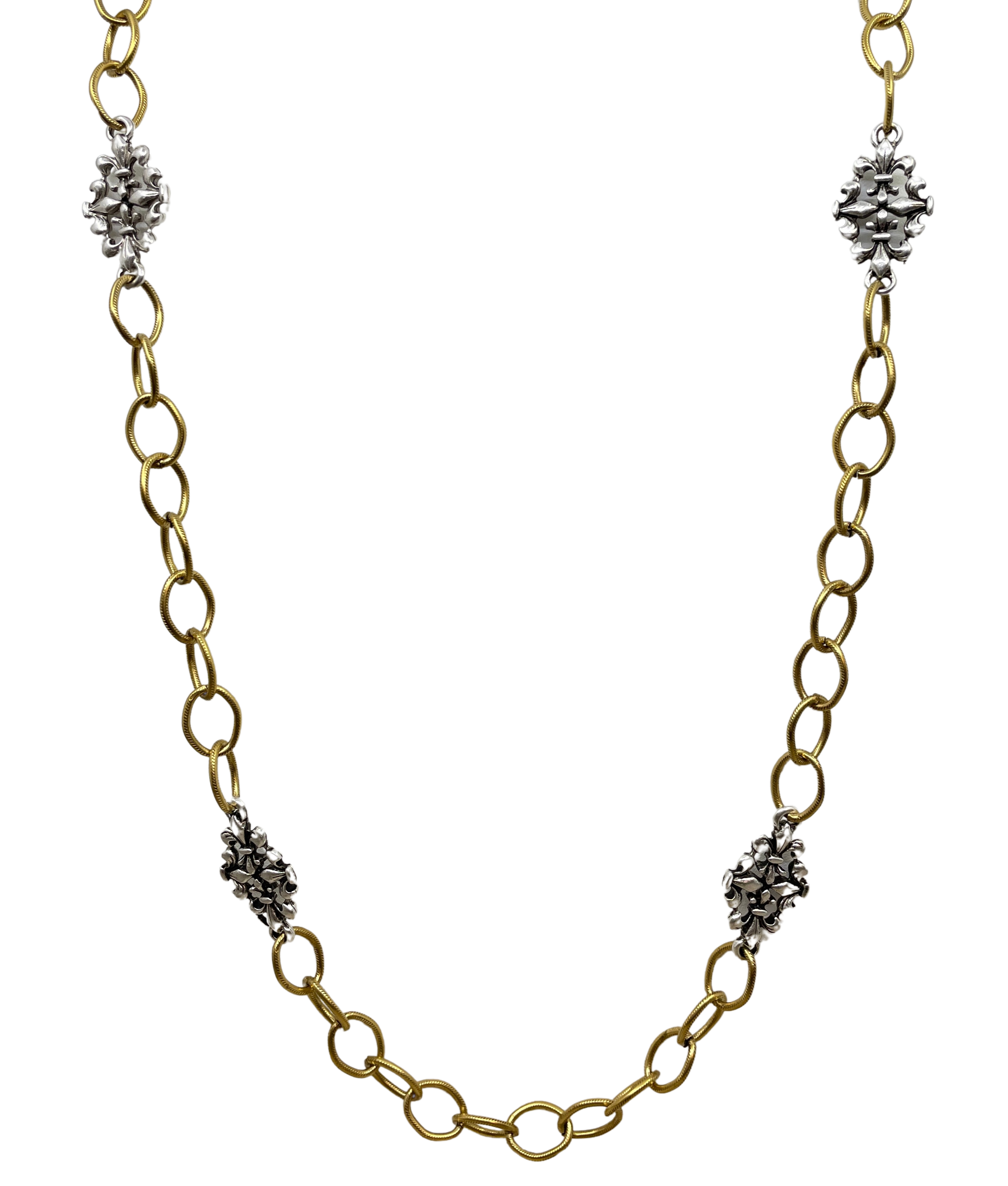 Mixed Metal Sterling & Gold Plated 36" Chain with Vintage Reproduction Fleur De Lis Accents