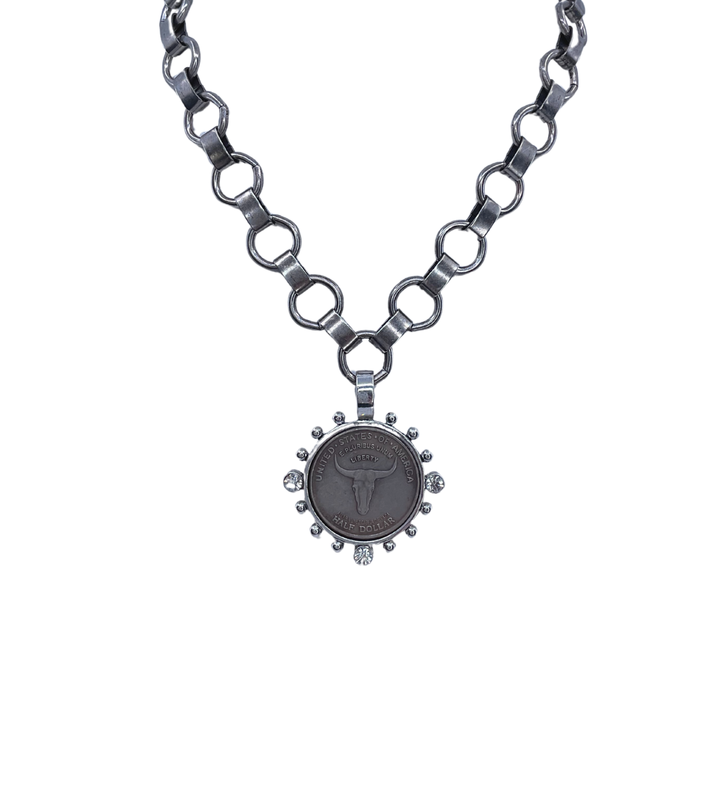 Vintage Sterling Plated Longhorn Coin with Vintage Chain