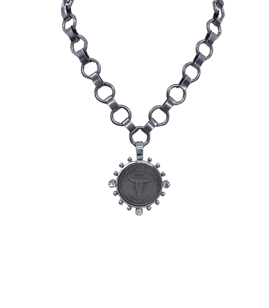 Vintage Sterling Plated Longhorn Coin with Vintage Chain