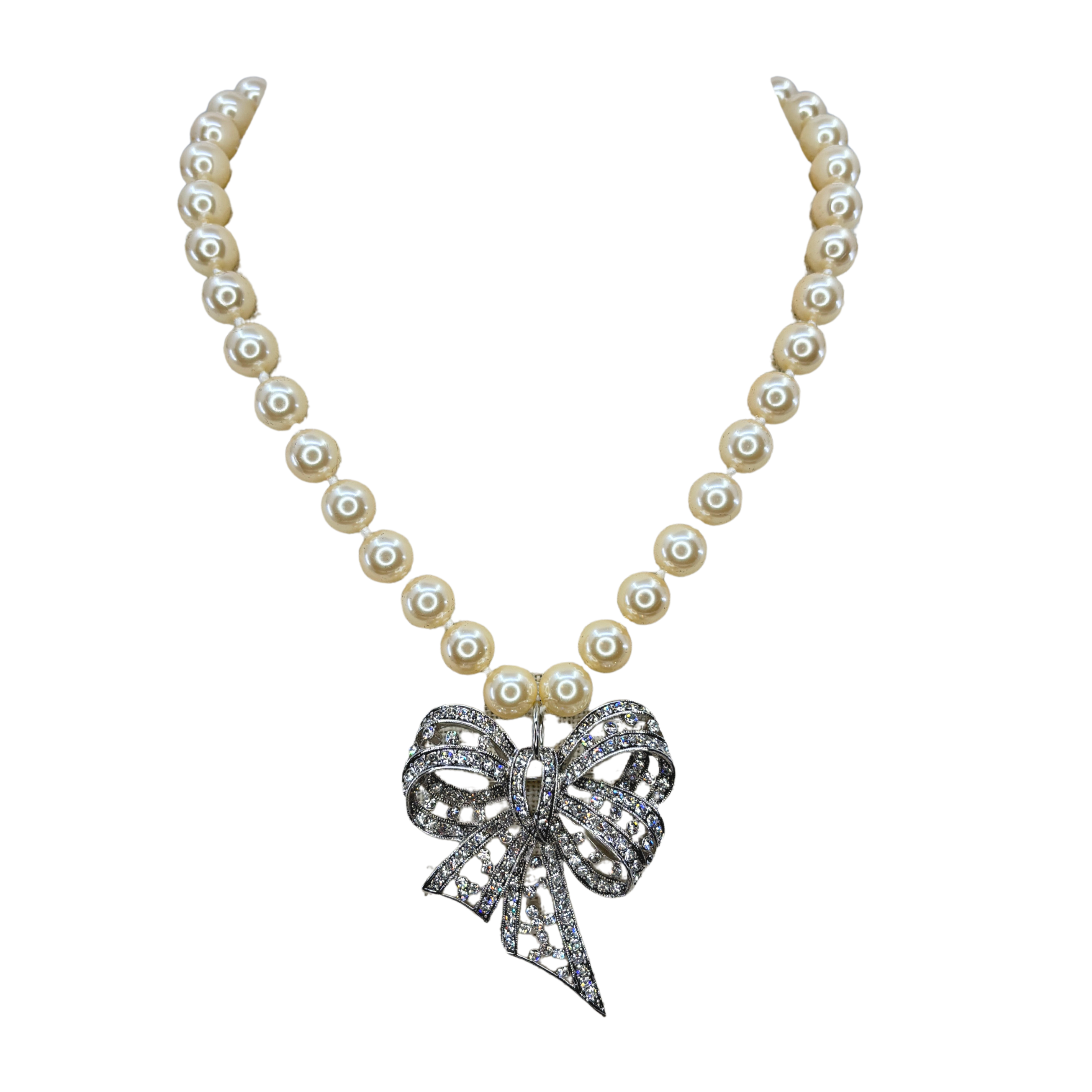 Vintage Pearl & Rhinestone Bow Brooch Necklace