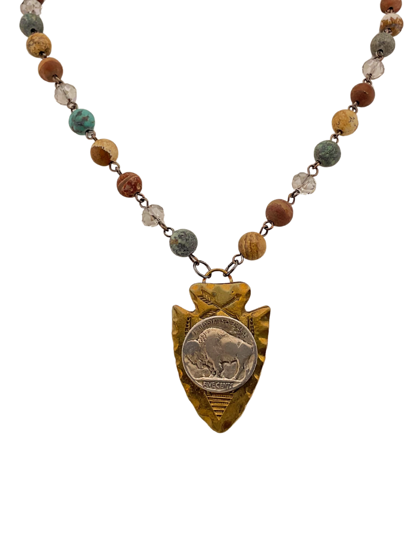 Vintage Rosary Chain with Vintage Buffalo Coin and Arrowhead Pendant