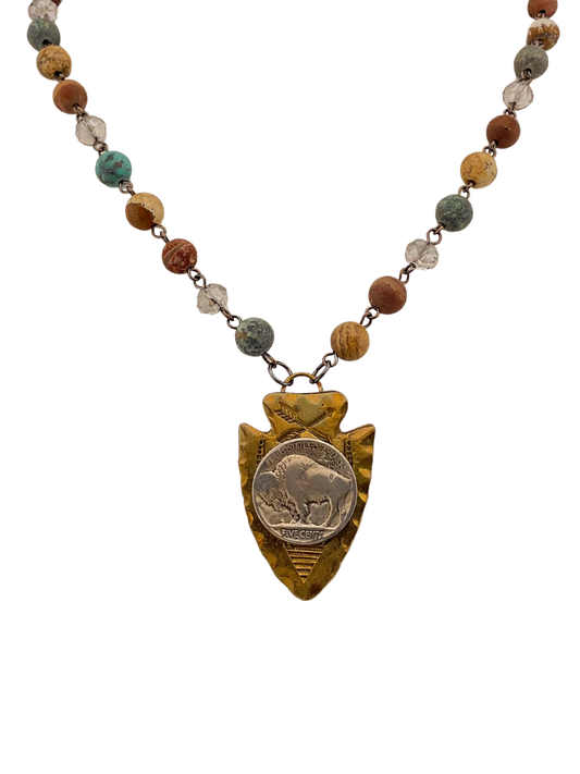 Vintage Rosary Chain with Vintage Buffalo Coin and Arrowhead Pendant