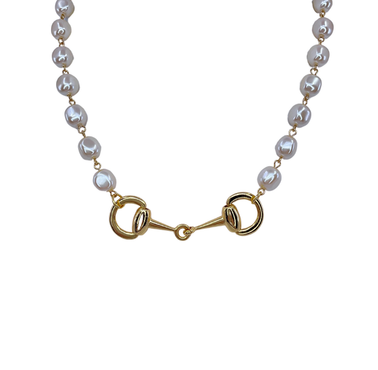 Vintage Faux Pearl and Gold Plated Horse Bit Necklace