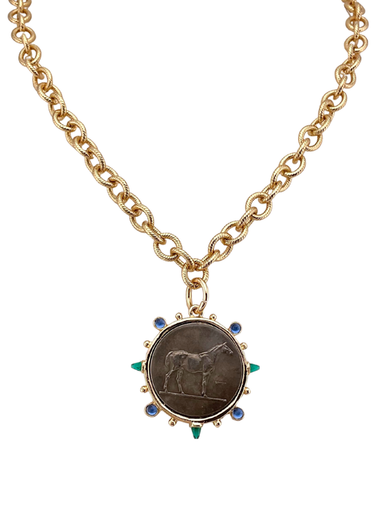 Vintage Gold Plated Multi Color Rhinestone Horse Coin