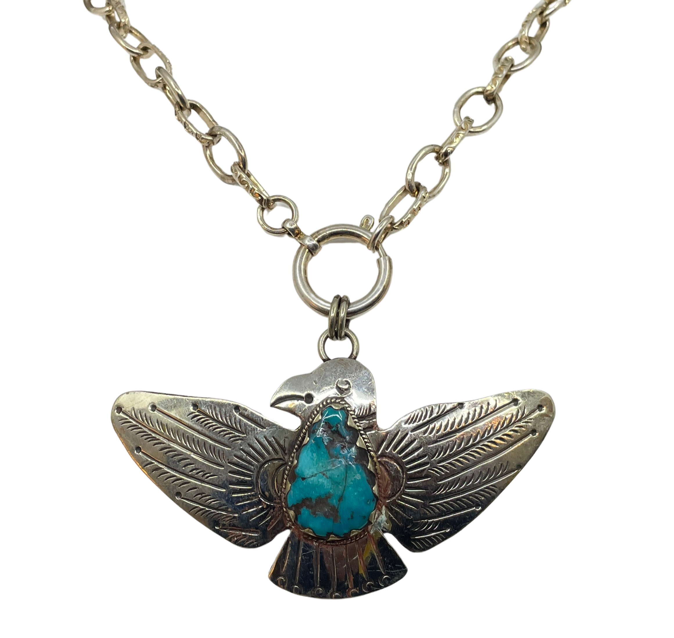 Vintage Turquoise Thunderbird Pendant Necklace