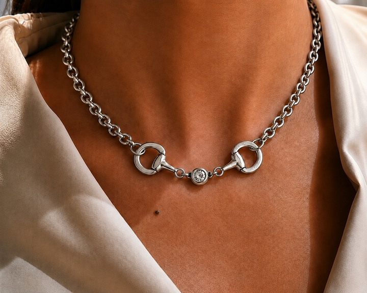 Vintage Sterling Plated Reproduction Horse Bit and Crystal Necklace