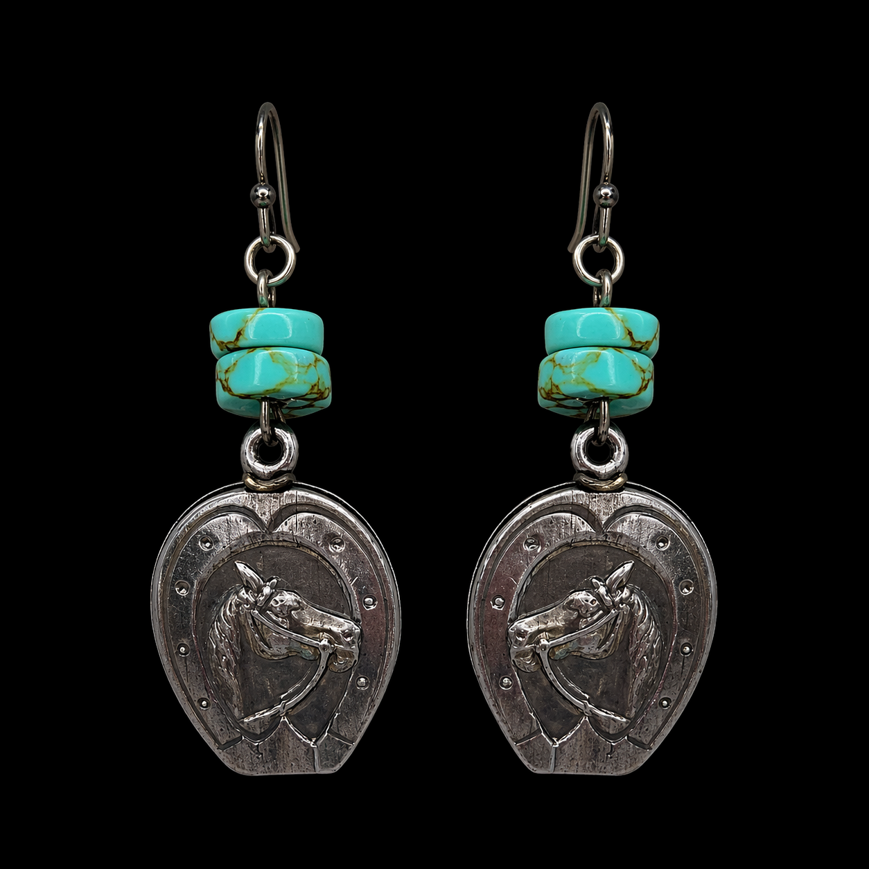 Vintage Horse Fob Earrings with Turquoise Czech Beads