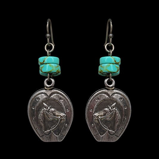 Vintage Horse Fob Earrings with Turquoise Czech Beads