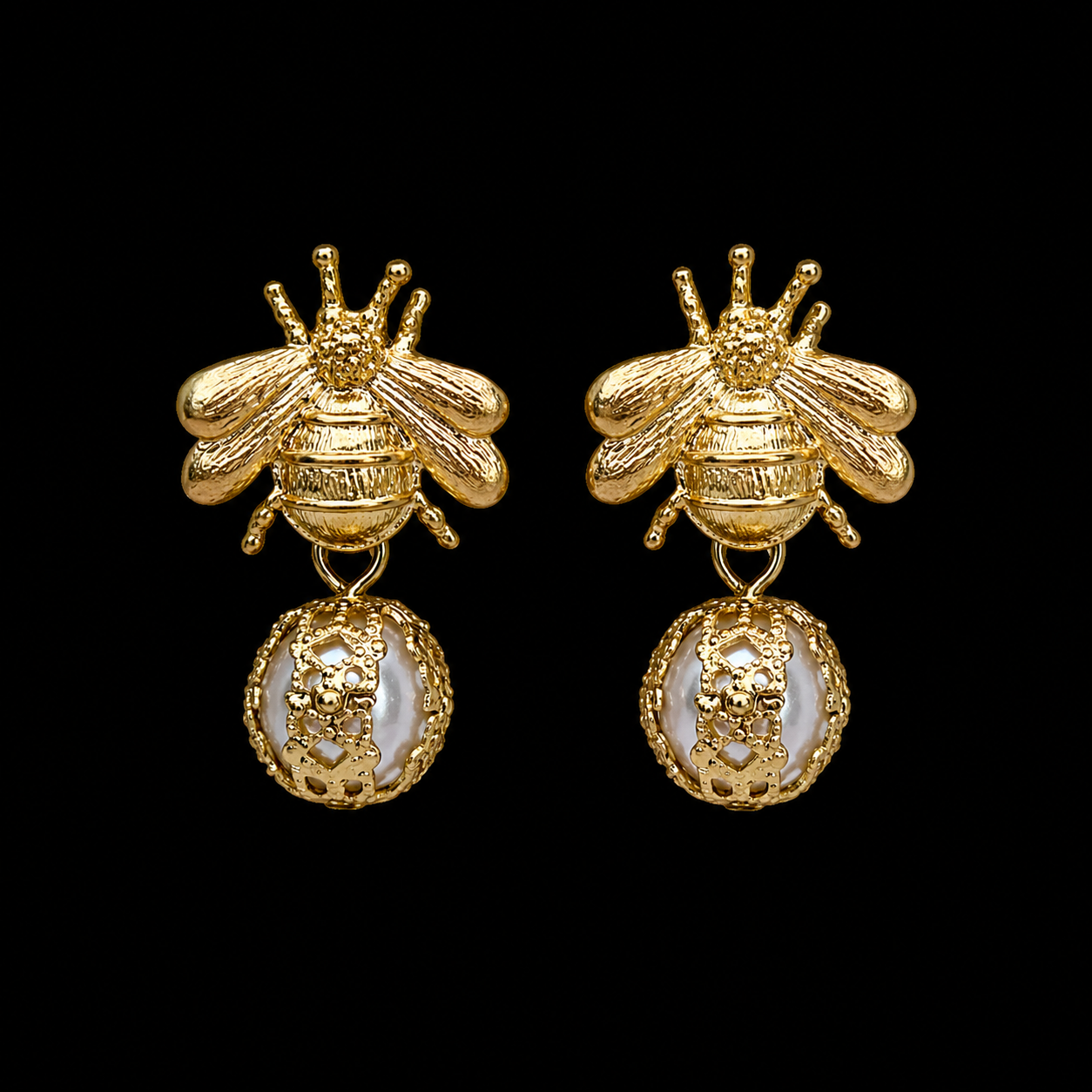 Bee Earrings with Filigree Pearl Drops