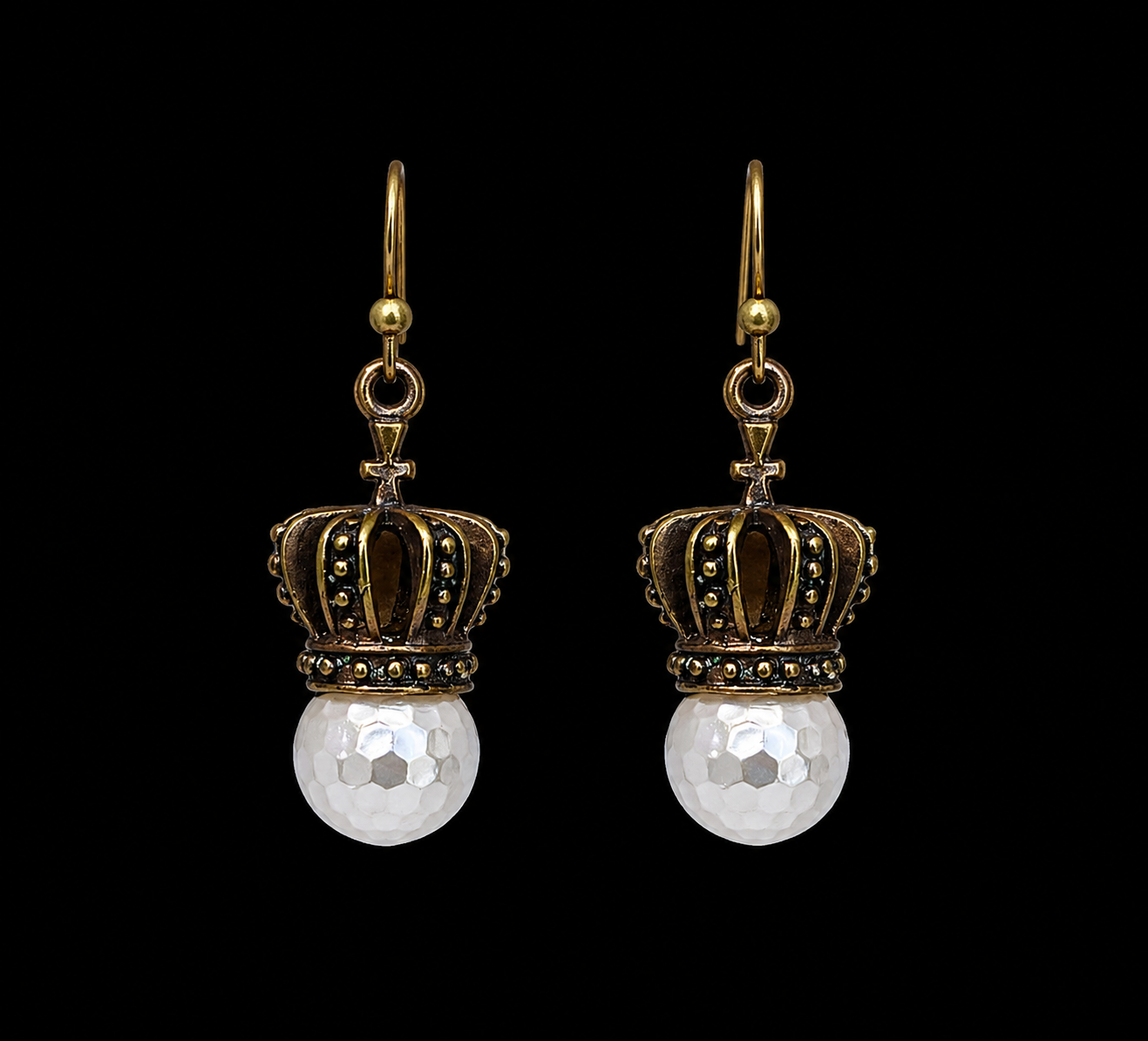 Antique Brass Crown Faux Pearl Earrings