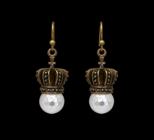 Antique Brass Crown Faux Pearl Earrings