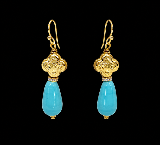 Vintage Clover and Turquoise Glass Drop Earrings